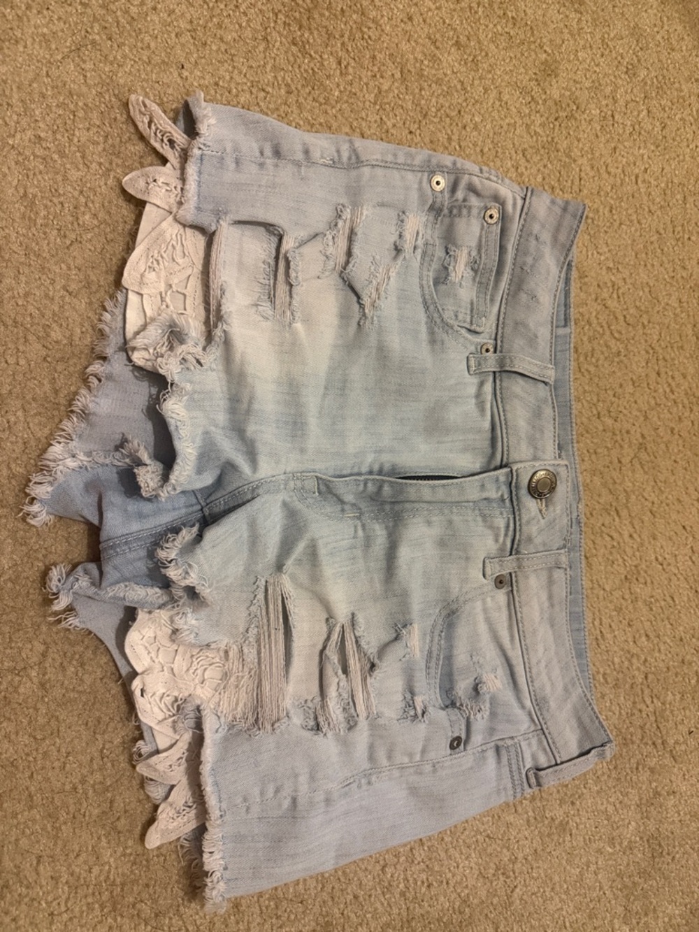Light Blue Distressed Denim Shorts with Lace Trim